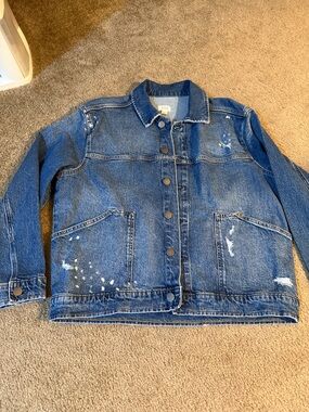 a.n.a. Women’s Distressed Blue Denim Jacket with Paint-Splatter Detail